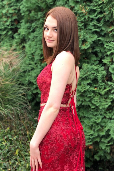 Two Pieces Mermaid Burgundy Lace Long Prom Dresses, 2 Pieces Burgundy Formal Dresses, Burgundy Lace Mermaid Evening Dresses