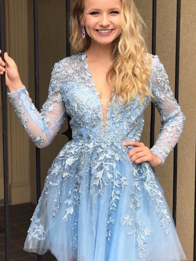 Long Sleeves  Blue Lace Short Prom Dresses, Blue Lace Long Sleeves Short Formal Homecoming Dresses