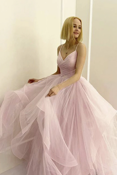 A Line V Neck Pink Tulle Long Prom Dresses, A Line V Neck Pink Tulle Long Formal Evening Dresses
