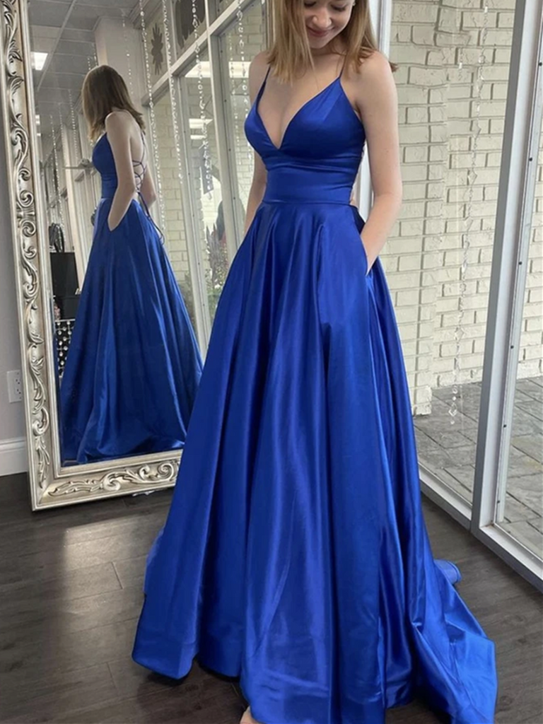 Simple V Neck Blue Backless Satin Long Prom Dresses With Pockets Simp morievent