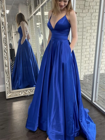 Simple V Neck  Blue Backless Satin Long Prom Dresses With Pockets, Simple V Neck  Blue Backless Satin Long Formal Graduation Evening Dresses