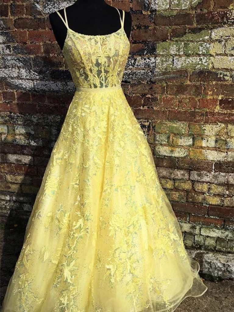 Custom Made Backless Yellow Lace Floral Long Prom Dresses, Open Back Y morievent Custom Made Backless Yellow Lace Floral Long Prom Dresses, Open Back Y morievent