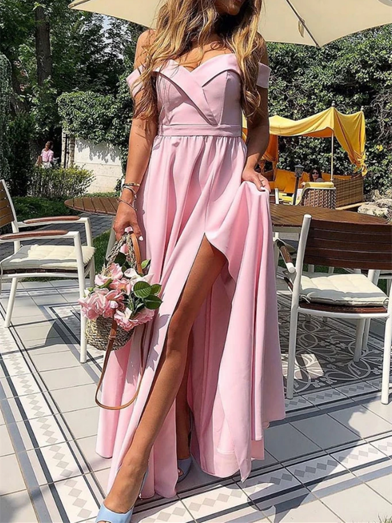 Simple Off Shoulder Satin Pink Long Prom Dresses, Off The Shoulder Long Pink Formal Evening Bridesmaid Dresses