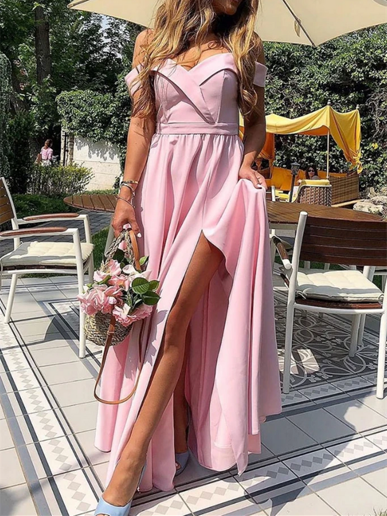 Simple Off Shoulder Satin Pink Long Prom Dresses, Off The Shoulder Lon morievent Simple Off Shoulder Satin Pink Long Prom Dresses, Off The Shoulder Lon morievent