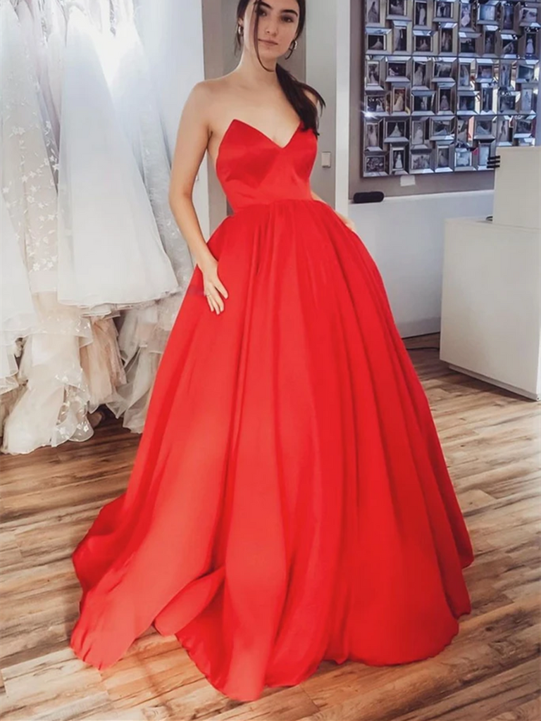 Simple Red Satin Long Prom Dresses, Simple Red Satin Long Formal Evening Dresses
