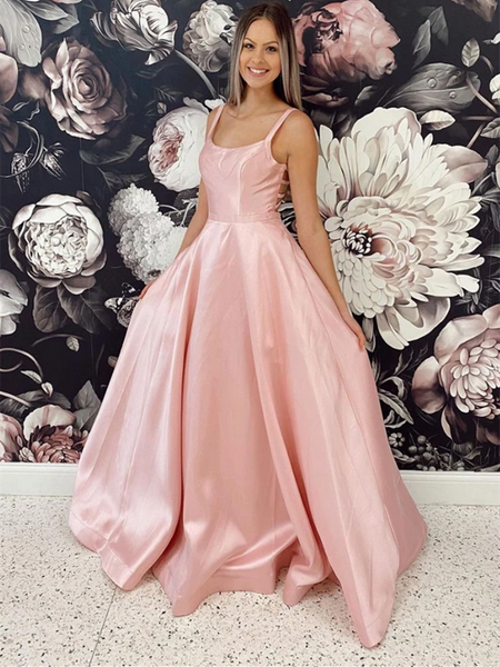 Simple Pink Satin Long Backless Prom Dressses, Simple Pink Satin Long Open Back Formal Evening Dresses