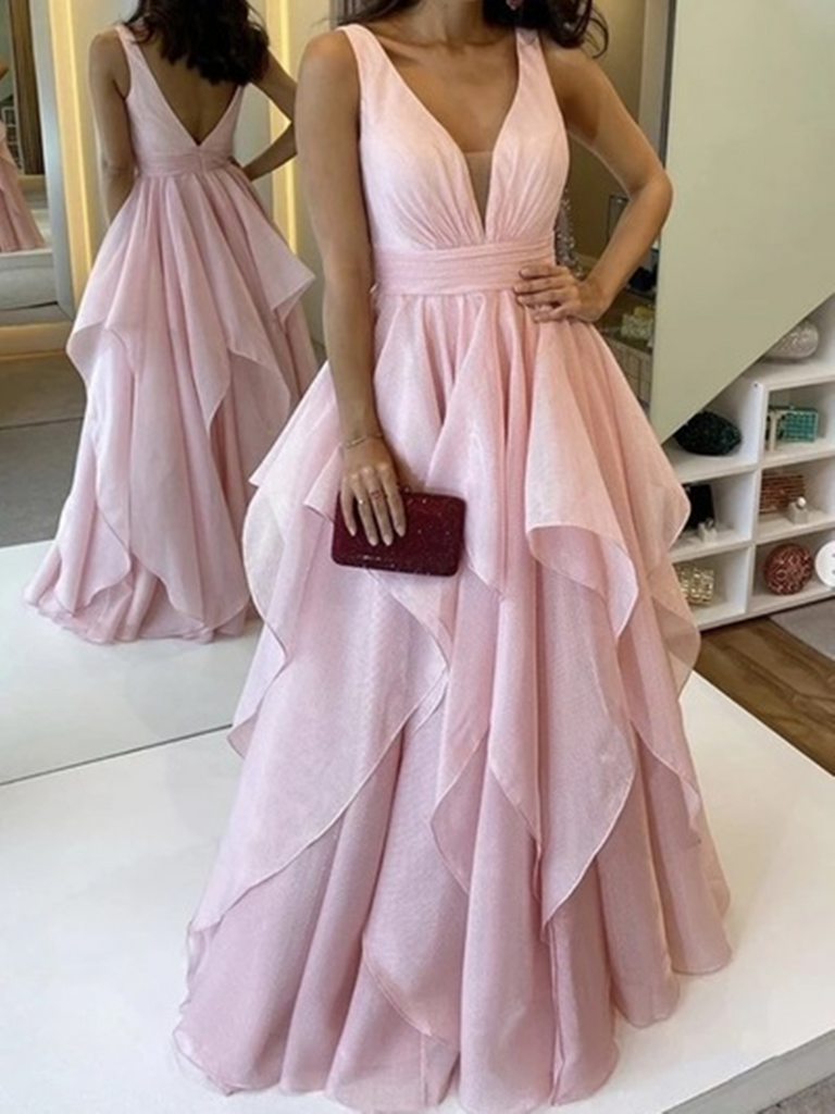 A Line V Neck Pink Long Prom Dresses, V Neck Pink Long Formal Evening morievent A Line V Neck Pink Long Prom Dresses, V Neck Pink Long Formal Evening morievent