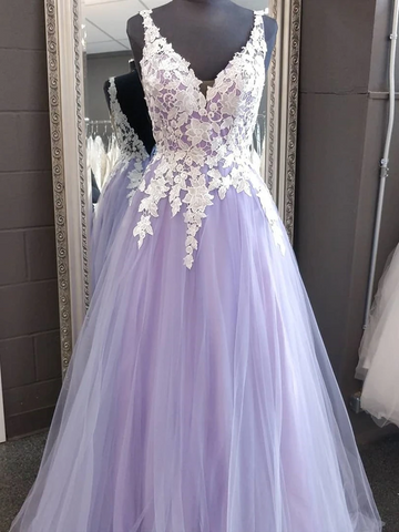 A Line V Neck Purple Blue Lace Prom Dresses, Purple Blue Lace Formal Evening Dresses