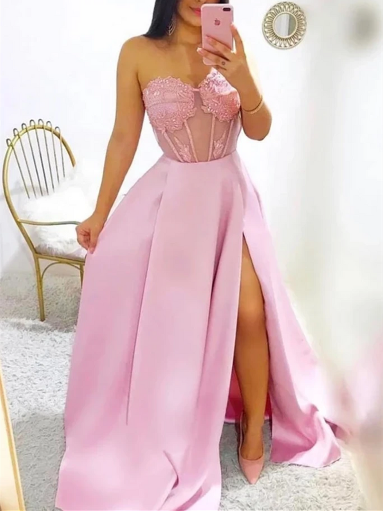 Modest A Line Sweetheart Neck Pink Prom Dresses With Leg Split, Pink L morievent Modest A Line Sweetheart Neck Pink Prom Dresses With Leg Split, Pink L morievent