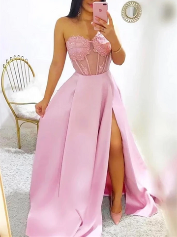 Modest A Line Sweetheart Neck Pink Prom Dresses With Leg Split, Pink Long Formal Evening Dresses