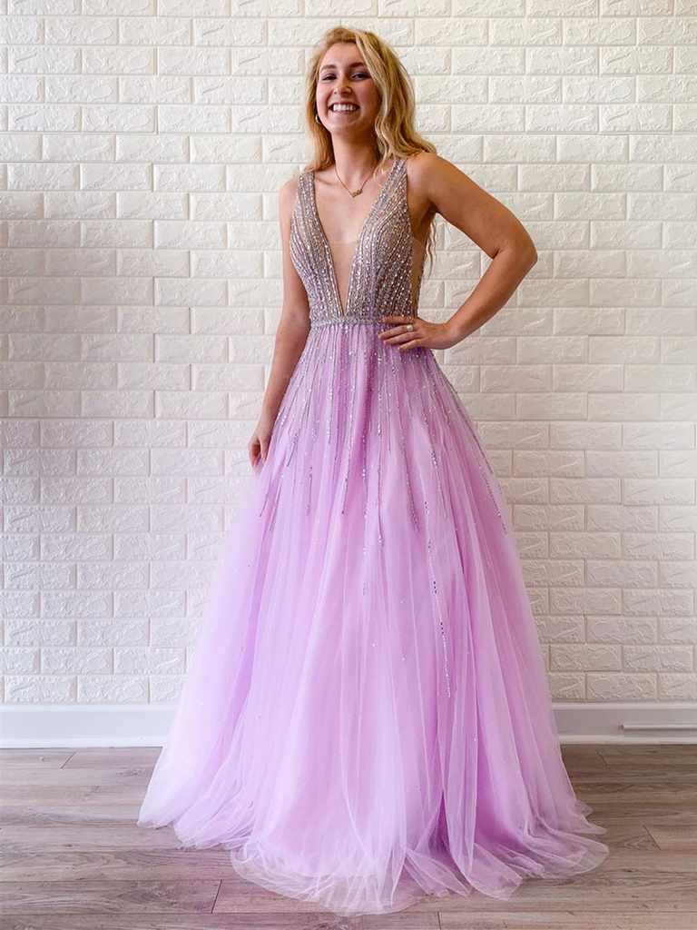 Modest Sexy Deep V Neck Beaded A Line Tulle Prom Dresses, Backless Pin –  morievent