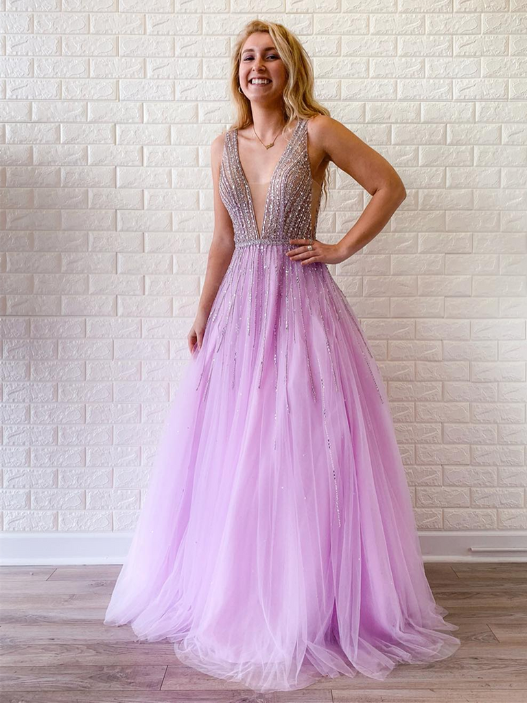 Modest Sexy Deep V Neck Beaded A Line Tulle Prom Dresses, Backless Pin morievent Modest Sexy Deep V Neck Beaded A Line Tulle Prom Dresses, Backless Pin morievent