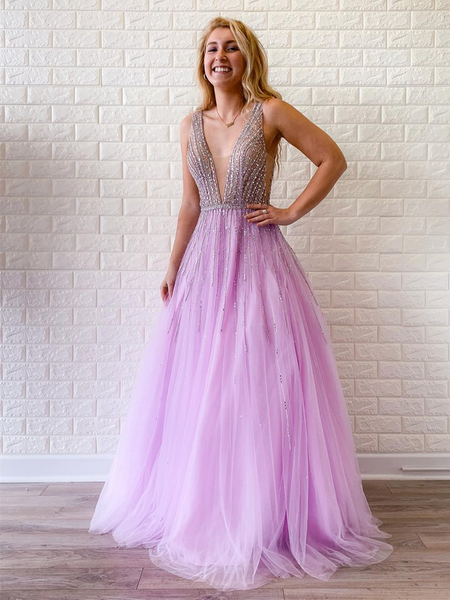 Modest Sexy Deep V Neck Beaded A Line Tulle Prom Dresses, Backless Pink Deep V Neck Beaded Tulle Long Formal Evening Dresses