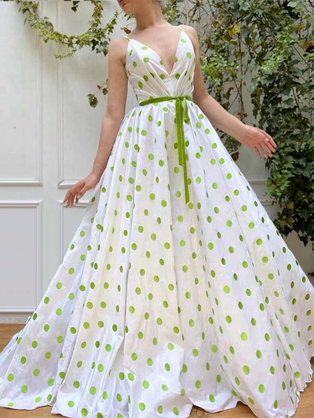 A Line V Neck Green Dot Long Prom Dresses, Green Dot Long Formal Evening Dresses