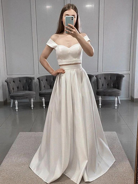 Two Pieces Off Shoulder White Satin Prom Dresses, 2 Pieces White Long Formal Evening Dresses