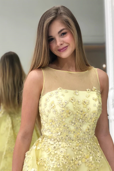High Low Round Neck Yellow Floral Lace Long Prom Dresses, Yellow Lace Formal  Evening Dresses