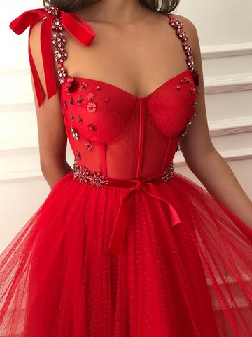 Sweetheart Neck Red Floral Long Prom Dresses, Red Floral Long Formal Evening Dresses