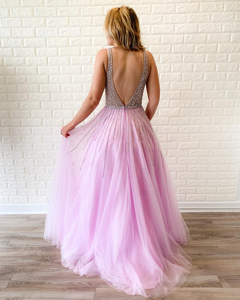 Modest Sexy Deep V Neck Beaded A Line Tulle Prom Dresses, Backless Pink Deep V Neck Beaded Tulle Long Formal Evening Dresses