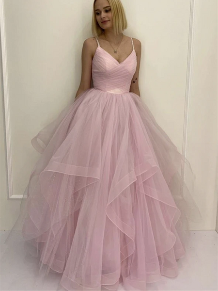 A Line V Neck Pink Tulle Long Prom Dresses, A Line V Neck Pink Tulle Long Formal Evening Dresses