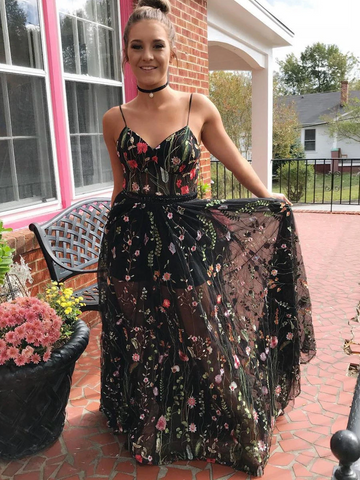 Sexy Spaghetti Straps Lace Black Prom Dresses, Lace Black Appliques Long Formal Evening Dresses