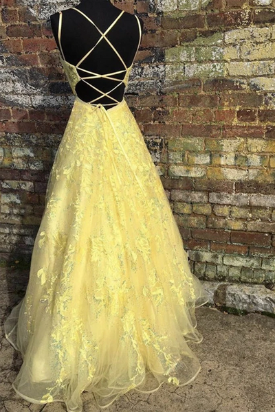 Custom Made Backless Yellow Lace Floral Long Prom Dresses, Open Back Yellow Lace Formal Graduation Evening Homecoming Dresses