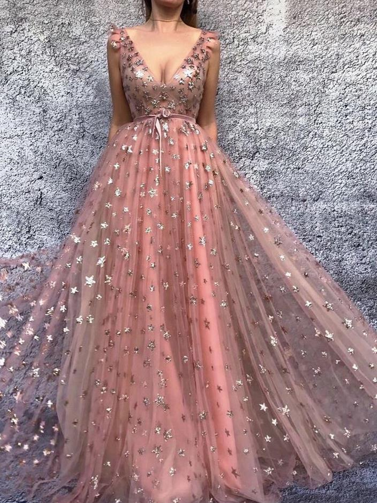 V Neck Gold Star Printed Lace Long Prom Dresses,  V Neck Gold Star Printed Lace Long Formal Evening Dresses