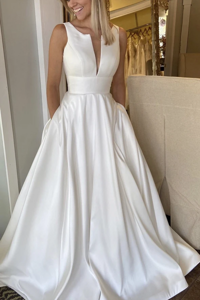 A Line White Satin Long Prom Dresses, A Line White Satin Long Formal Evening Dresses