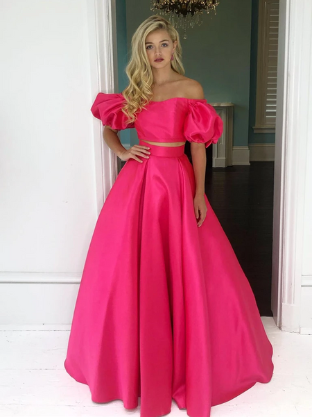 Off Shoulder Two Pieces Hot Pink Long Prom Dresses, Off The Shoulder Hot Pink Formal Dresses, Hot Pink Evening Dresses
