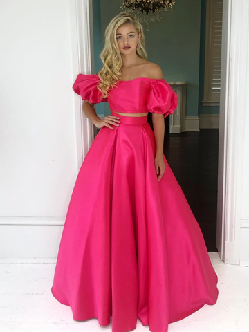 Off Shoulder Two Pieces Hot Pink Long Prom Dresses, Off The Shoulder Hot Pink Formal Dresses, Hot Pink Evening Dresses