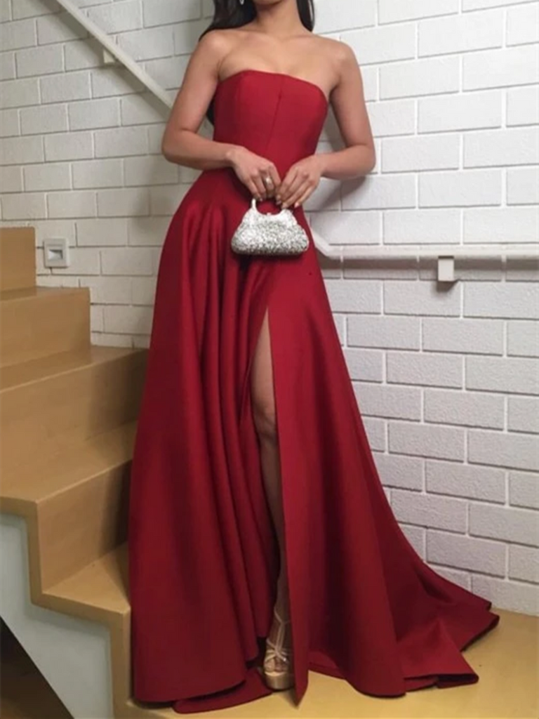 Strapless Satin Dark Red Prom Dresses with Slit Side, Red Satin Long F morievent Strapless Satin Dark Red Prom Dresses with Slit Side, Red Satin Long F morievent