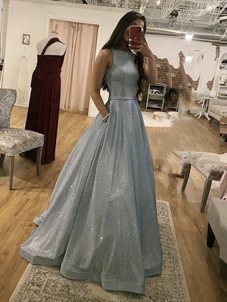 Sparkly Round Neck Silver Grey Long Prom Dresses, Silver Gray Round Ne morievent Sparkly Round Neck Silver Grey Long Prom Dresses, Silver Gray Round Ne morievent