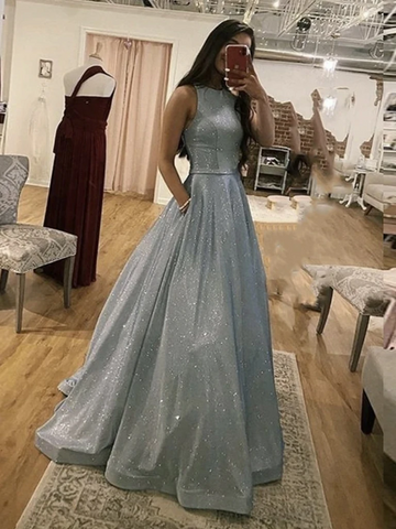 Sparkly Round Neck Silver Grey Long Prom Dresses, Silver Gray Round Neck Long Formal Evening Dresses