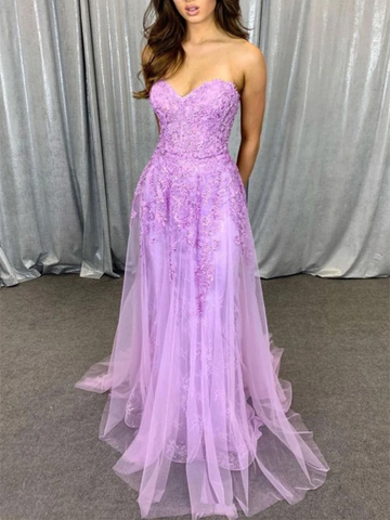 Sweetheart Neck Purple Tulle Lace Long Prom Dresses, Sweetheart Neck Purple Tulle Lace Long Formal Evening Dresses