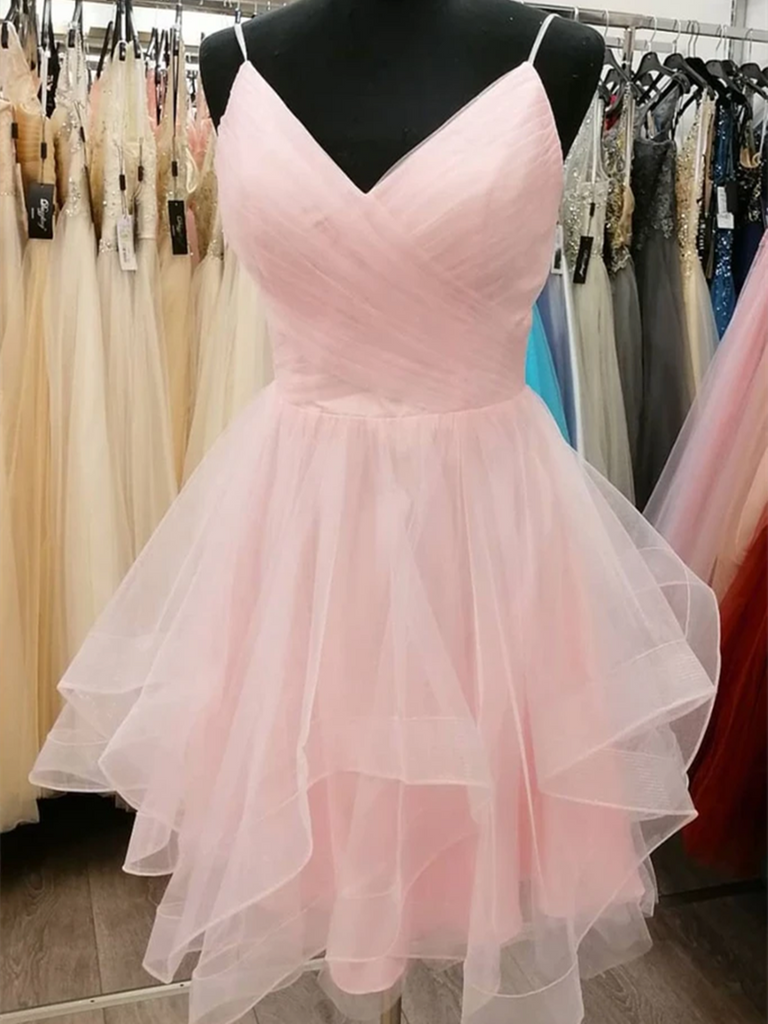 Cute V Neck Pink Tulle Short Prom Dresses, V Neck Pink Tulle Formal Graduation Evening Dresses