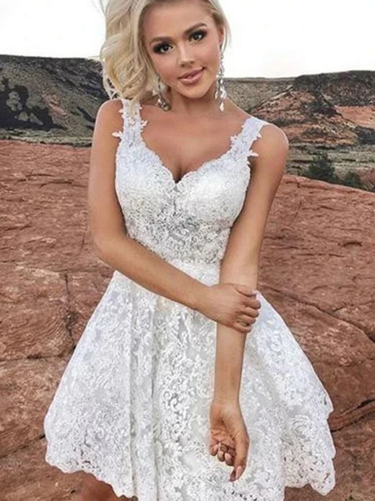 A Line Sweetheart Neck Cute White Lace Short Prom Dresses Short