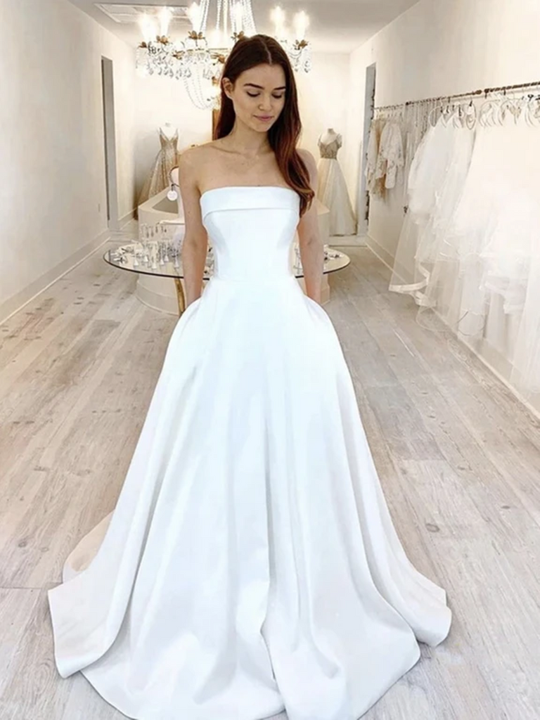 A Line Strapless White Satin Long Prom Dresses Long Satin White Strapless Formal Evening Dresses