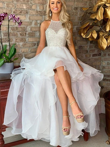 White high low tulle prom dress, White high low formal evening dress