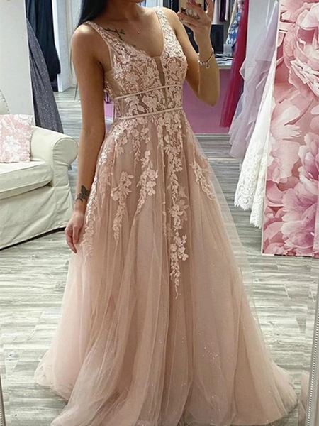 A Line V Neck Pink Lace Long Prom Dresses, Pink Lace Formal Dresses, Pink Evening Dresses
