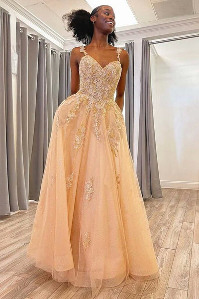 A Line Open Back Champagne Lace Tulle Long Prom Dress, Champagne Lace Formal Graduation Evening Dress