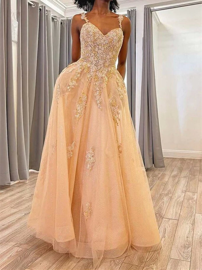 A Line Open Back Champagne Lace Tulle Long Prom Dress, Champagne Lace morievent A Line Open Back Champagne Lace Tulle Long Prom Dress, Champagne Lace morievent