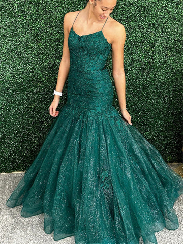 Mermaid Green Lace Open Back Long Prom Dresses, Mermaid Backless Green Formal Evening Dresses, Green Lace Ball Gown
