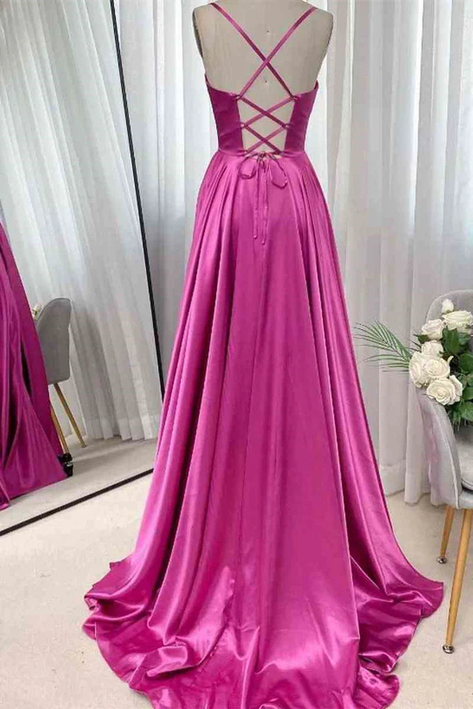 Open Back Fuchsia Satin Ruched Long Prom Dress, Long Fuchsia Formal Gr morievent Open Back Fuchsia Satin Ruched Long Prom Dress, Long Fuchsia Formal Gr morievent