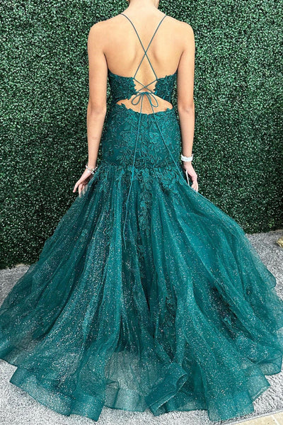 Mermaid Green Lace Open Back Long Prom Dresses, Mermaid Backless Green Formal Evening Dresses, Green Lace Ball Gown