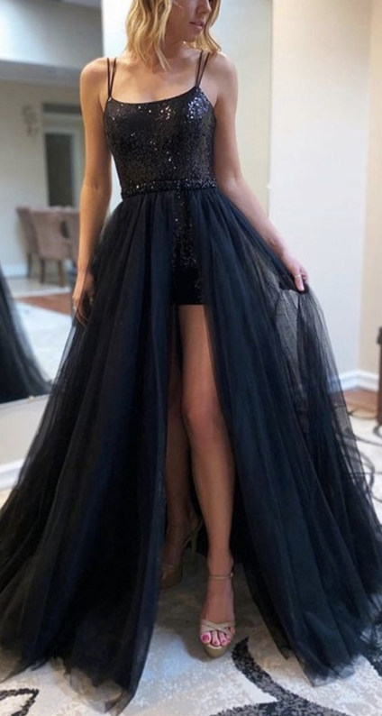Sequins Short Dress With Detachable Tulle Long Skirt Prom Dresses, Mod morievent Sequins Short Dress With Detachable Tulle Long Skirt Prom Dresses, Mod morievent