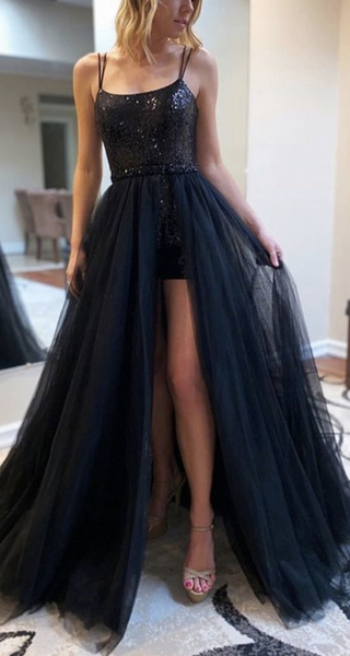 Sequins Short Dress With Detachable Tulle Long Skirt Prom Dresses,  Modern Spaghetti Straps Black Tulle Long Formal Evening Dresses