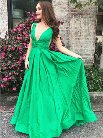 Sexy A Line V Neck Green Long Prom Dresses with Pleats, Green V Neck Formal Evening Party Dresses