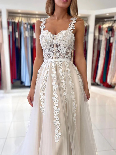Champagne A Line Lace Long Prom Dresses, Champagne Formal Evening Dresses