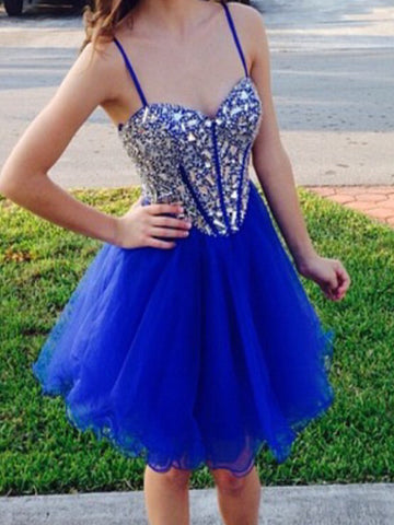 Sweetheart Neck Short Blue Prom Dresses, Short Graduation Dresses, Blue Homecoming Dresses