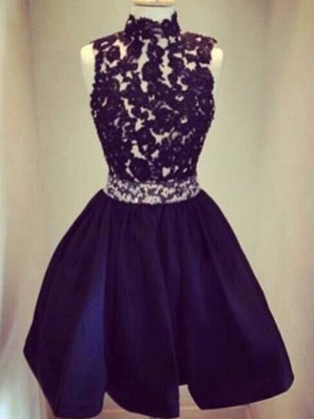 Custom Made Round Neck Backless Black Short Lace Prom Dresses, Short Lace Graduation Dresses, Homecoming Dresses