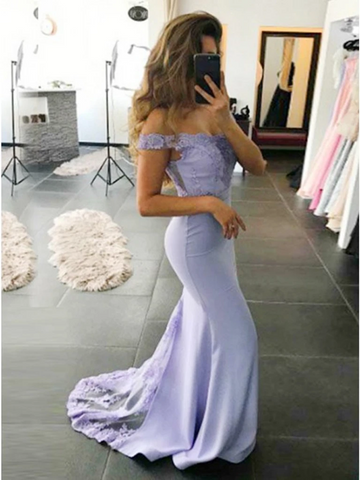 Sweetheart Neck Off Shoulder Mermaid Lavender Lace Prom Dresses, Purple Lace Bridesmaid Dresses, Mermaid Lavender Lace Formal Graduation Dresses
